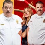 The main cast of Tacoma FD season 4 posing together against a vibrant yellow and red backdrop, highlighting the ensemble show even with Andy's absence.