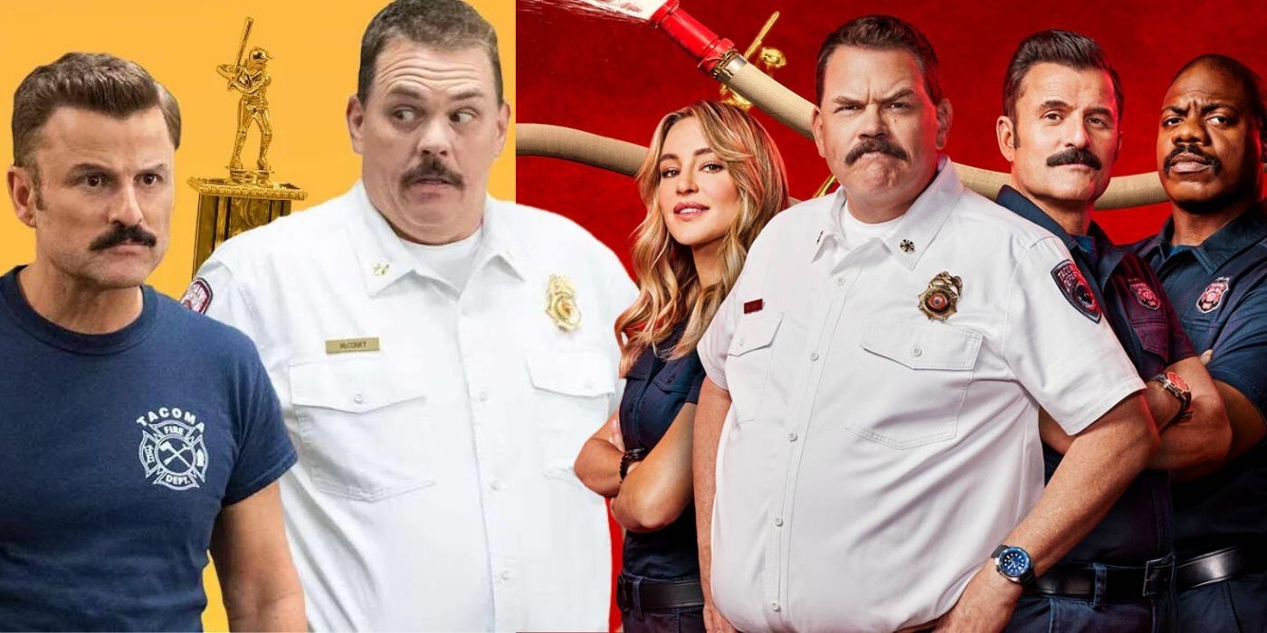 The main cast of Tacoma FD season 4 posing together against a vibrant yellow and red backdrop, highlighting the ensemble show even with Andy's absence.