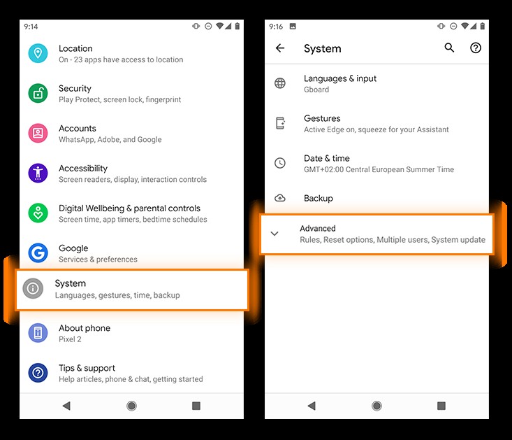 To reset network settings on Android start by going to System, then Advanced.