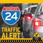 Traffic alert graphic for I-24 Westbound closure near Tennessee River Bridge due to multi-vehicle crash