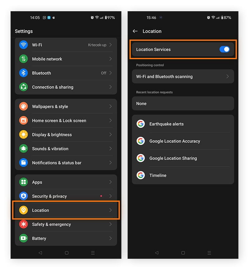 Turning off location services on Android to help save phone battery.