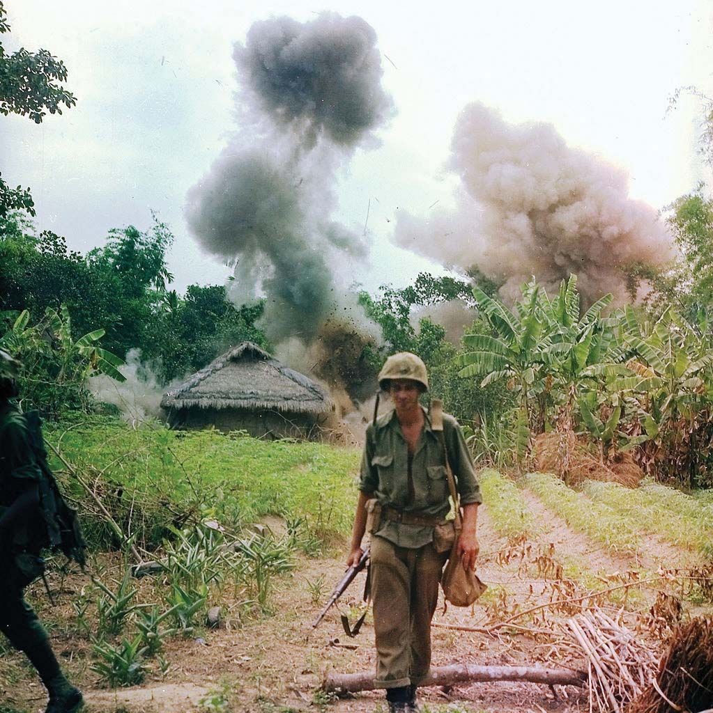 US Marines in Vietnam War bombing bunkers and tunnels of Viet Cong in 1966