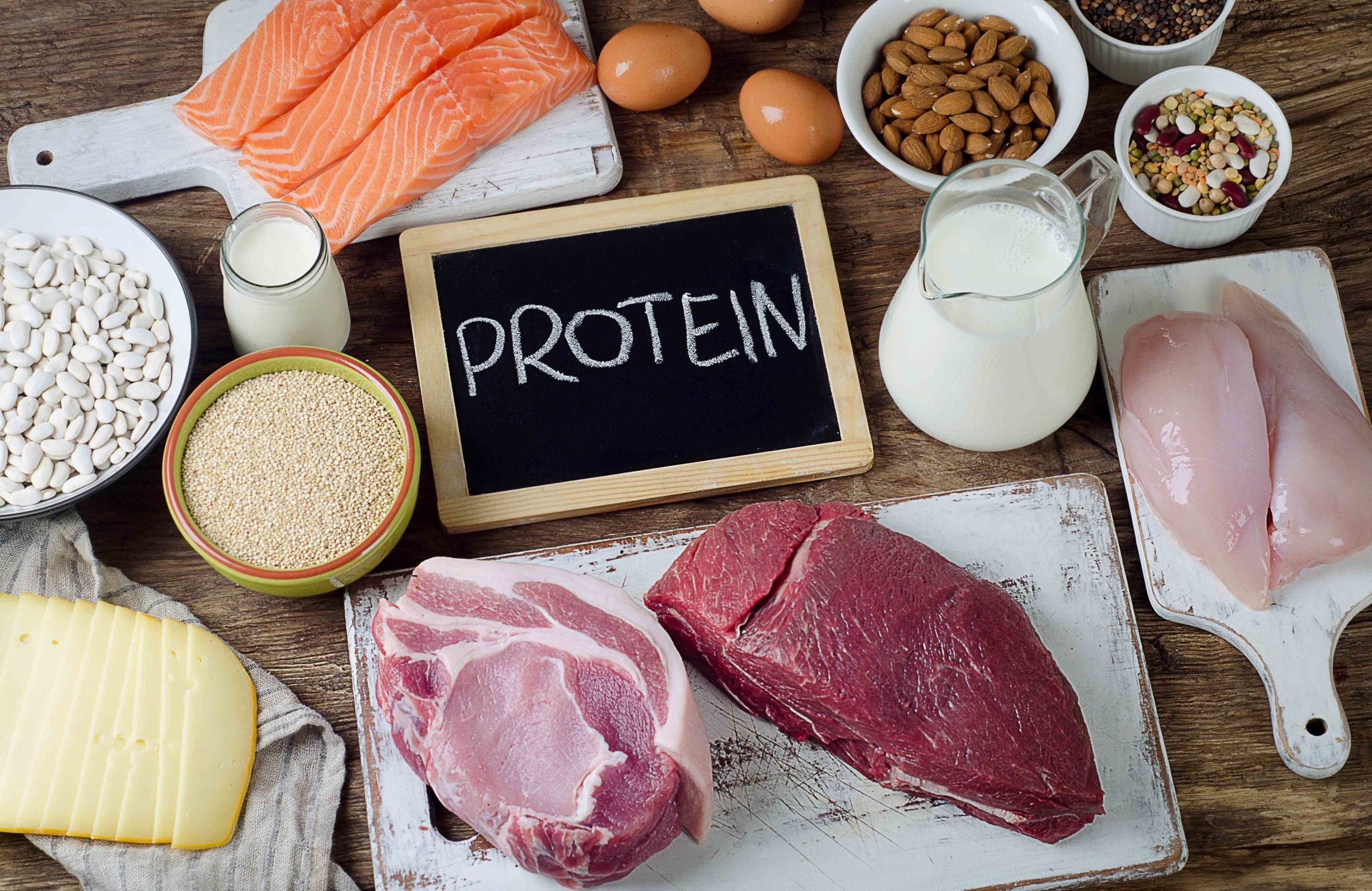 Variety of protein rich foods including meat, eggs, nuts, and legumes