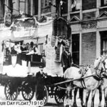 Vintage postcard of a Labor Day parade float from 1916, illustrating early celebrations and community involvement in Labor Day