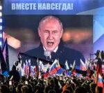 Vladimir Putin addresses a crowd in Moscow, with a screen displaying "Together Forever" in Russian.