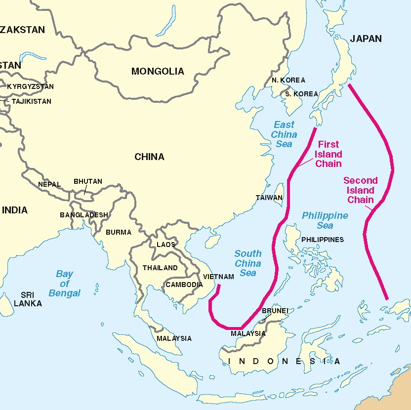 A map showing the first and second island chains near China