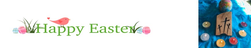 Happy Easter greeting card with grass, eggs, and bird, alongside a wooden block with crosses, candles, and a globe, reflecting different Easter symbols and greetings