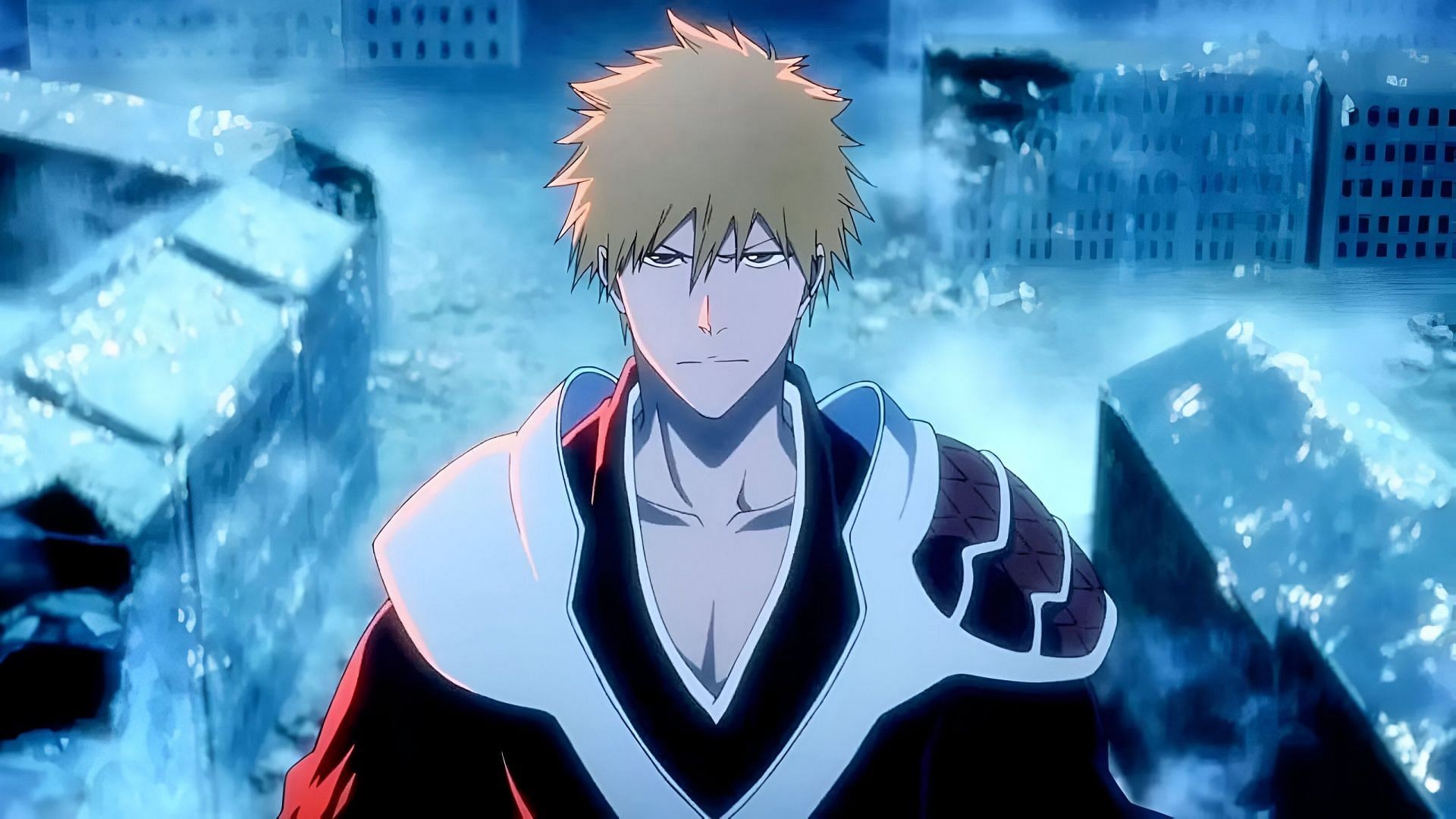 Ichigo wielding his sword, with a fierce expression, in the anime Bleach Thousand Year Blood War
