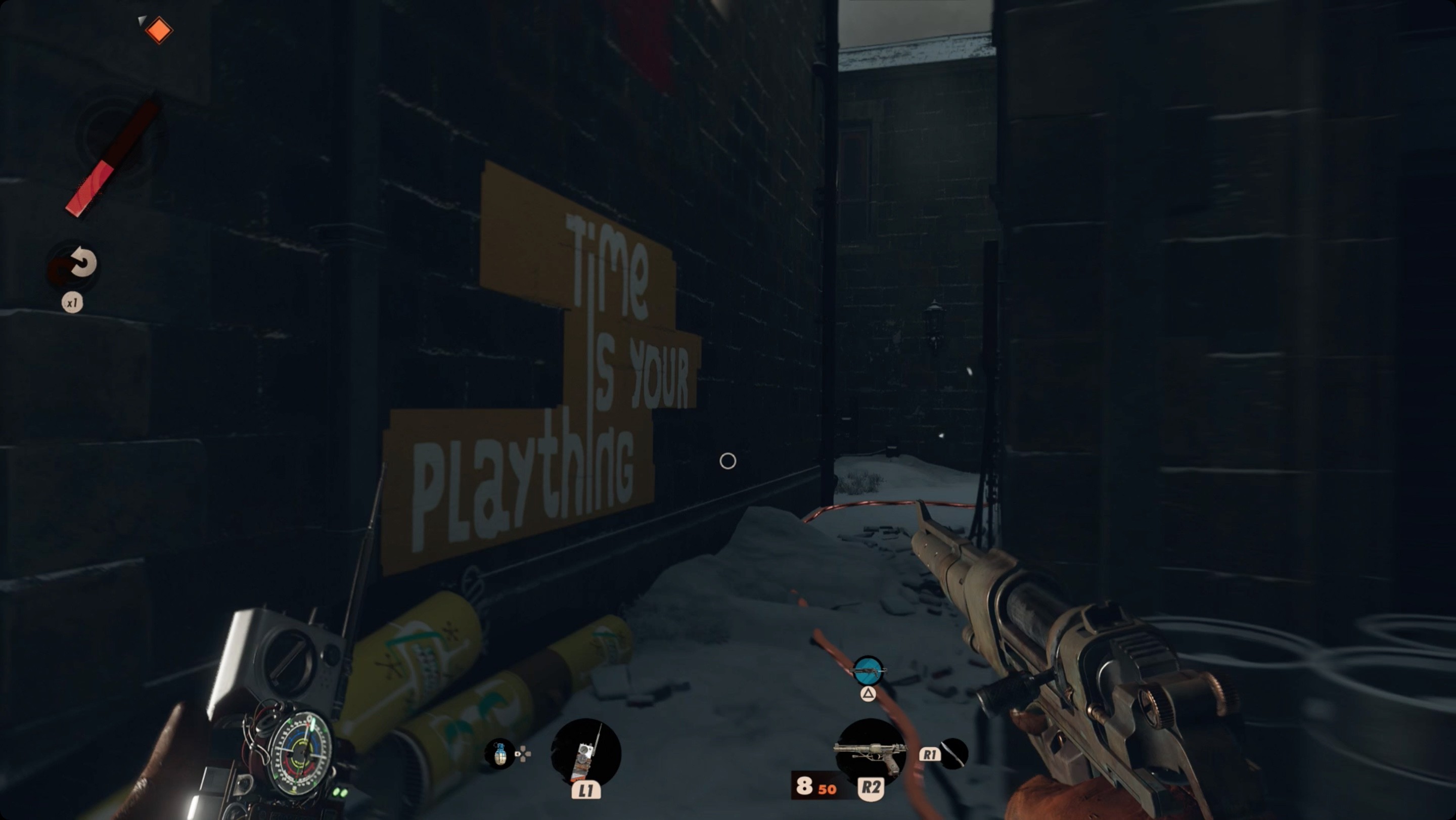 Graffiti in a Deathloop alley, illustrating the game's unique art style and immersive environments