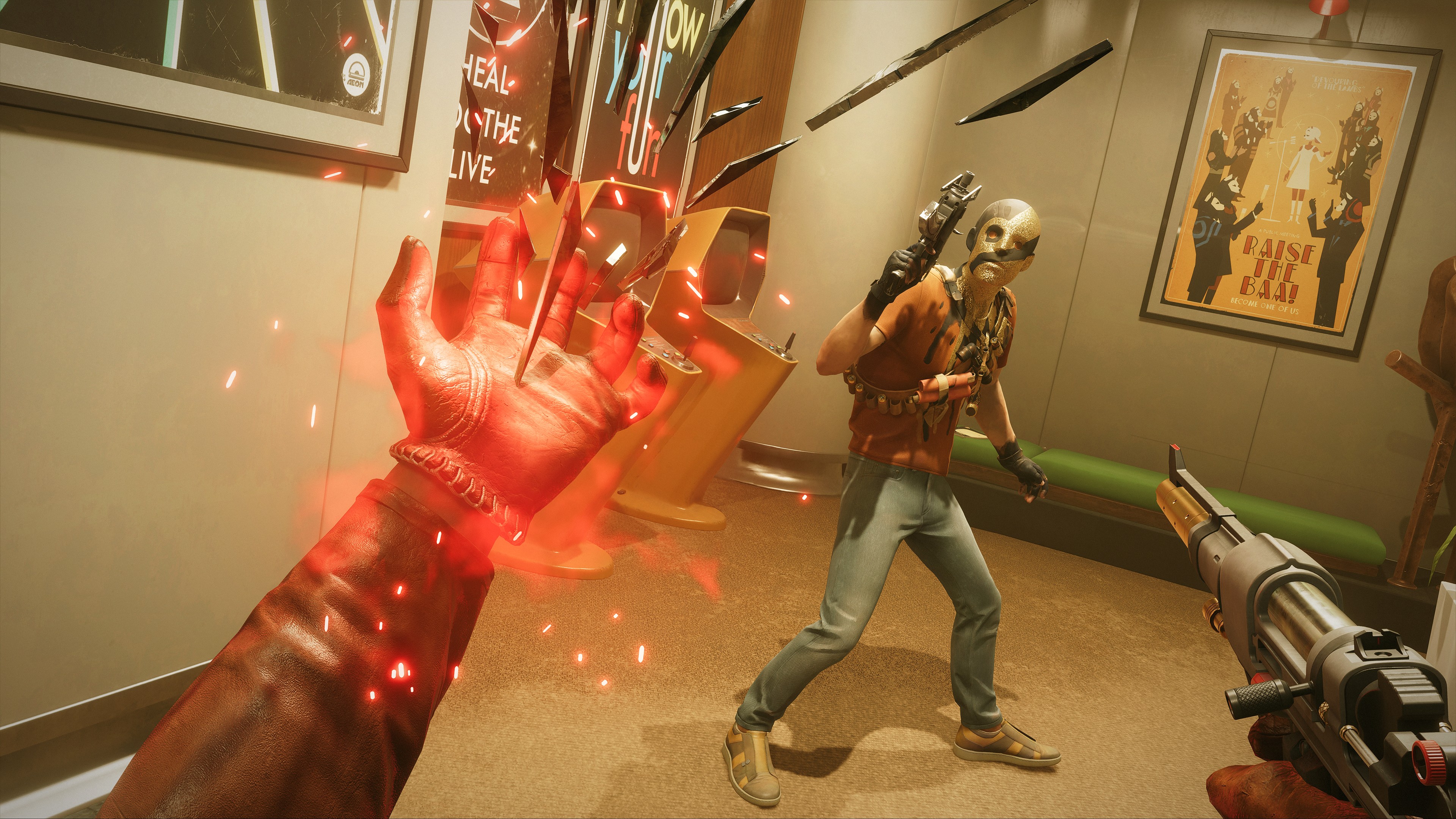 Colt uses a shard skill while aiming a pistol, demonstrating Deathloop's supernatural abilities