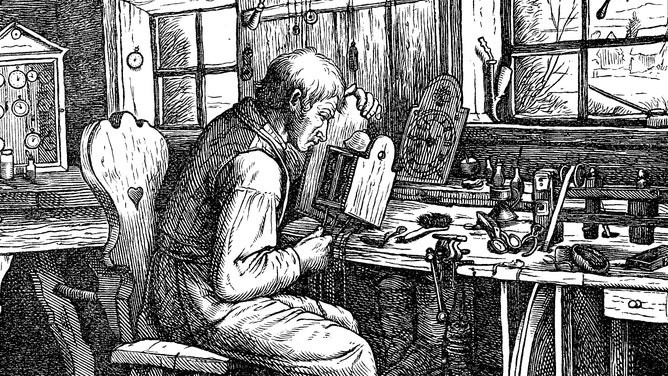 A clockmaker in his workshop, highlighting the profession's historical connection to timekeeping innovations