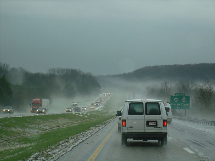 Hail fog forming along Interstate 65 near Horse Cave, Kentucky after a hailstorm