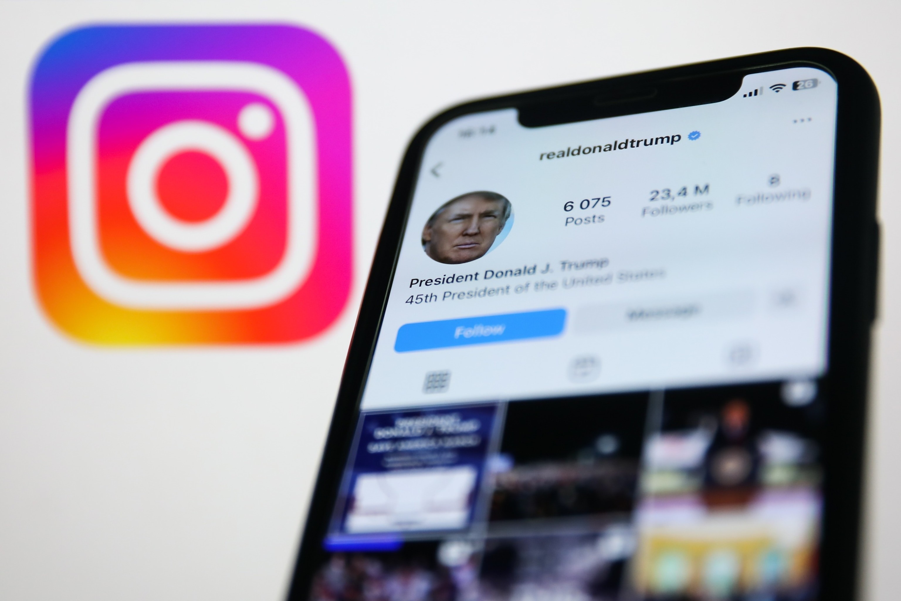 Donald Trump account on Instagram displayed on a phone screen