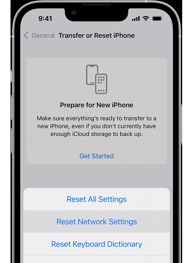 An iPhone showing the Reset Network Settings option in the Settings app.