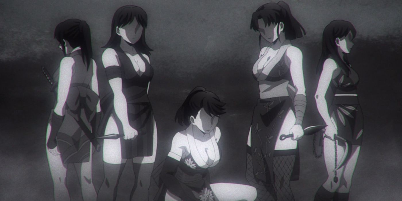 A monochrome image of Kunoichi ninjas lined up in Demon Slayer